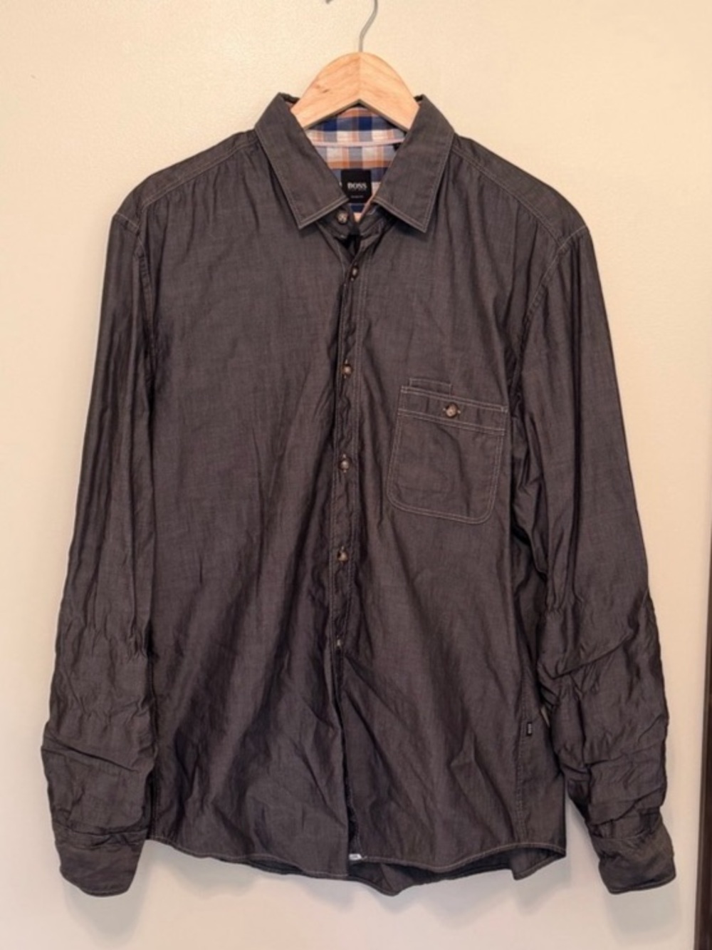 BOSS Slim Fit Gray Button Down Plaid Lining Size Medium
